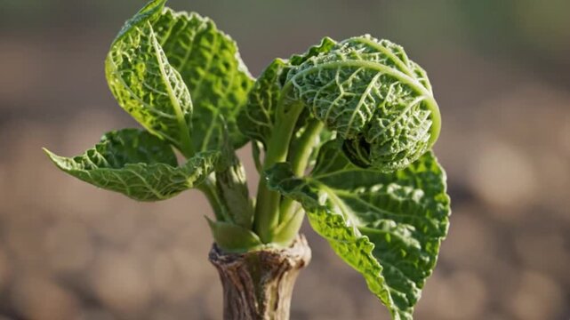 A vibrant green fern fiddlehead unfurls reaching for sunlight and growth
