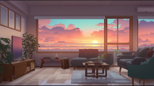 Anime Living Room Background Cozy illustration of peaceful interior with large window view of beautiful sunset over calm ocean