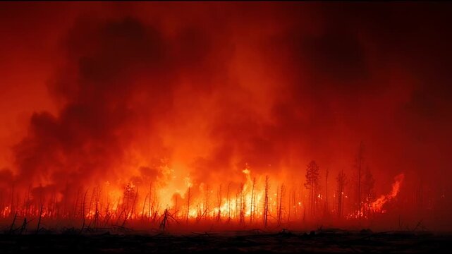 Intense hellish landscape of dangerous forest fire burning at night. Destructive massive flame and red smoke fill sky creating climate disaster