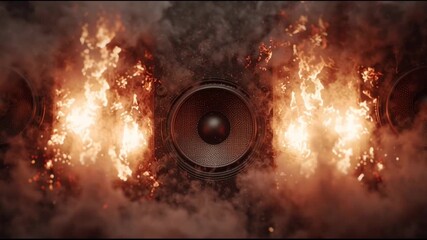 Powerful speaker engulfed in intense fire, unleashing an explosion of sound and music dramatic visual of pure audio energy