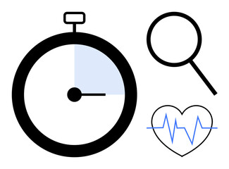 Stopwatch tracking time, magnifying glass for analysis, heart with ECG line for health monitoring. Ideal for wellness, time management, healthcare, fitness, diagnostics focus efficiency. Simple