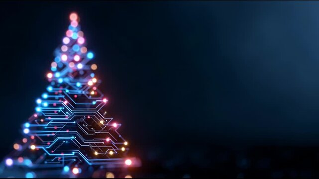 Futuristic christmas tree from digital circuit board with festive glowing light. modern holiday technology concept for joyful celebration - Powered by Adobe