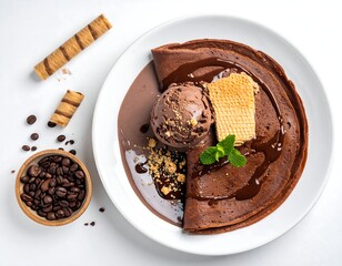 A decadent chocolate crepe dessert with ice cream, wafers, and coffee beans