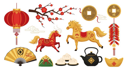 A vibrant collection of traditional Chinese New Year symbols including lanterns, horses, firecrackers, and food.