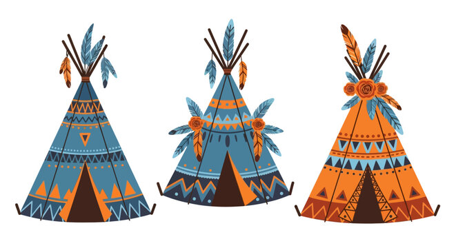Vibrant tribal teepees with feathers and patterns in boho style
