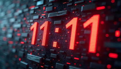 Dynamic digital display showing glowing red 11:11 numbers against a textured dark grid, perfect for tech and time concepts