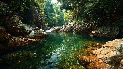 Lush jungle waterfall cascading into a clear emerald pool