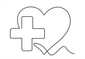 Heart and Medical Cross Continuous Line Drawing. continuous line drawing. Editable stroke. 