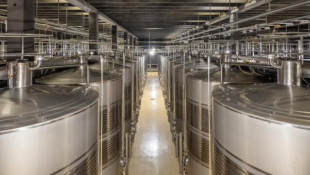 Huge metal fermentation tanks in modern wine factory Rioja Spain