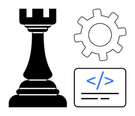 Chess rook with gear and coding interface highlights strategy, innovation, and technology collaboration. Ideal for business, problem solving, leadership, decision making, digital transformation, tech
