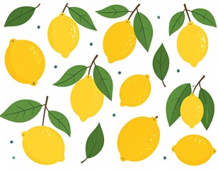 Bright Yellow Lemons and Green Leaves Seamless Pattern on White Background for Summer Freshness and Healthy Living