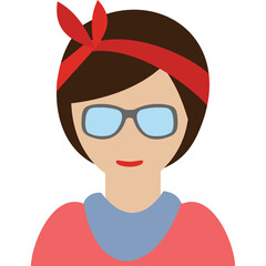 Flat Design Portrait of a Young Woman with Brown Hair Wearing Glasses and a Red Headband and Coral Top on Transparent Background