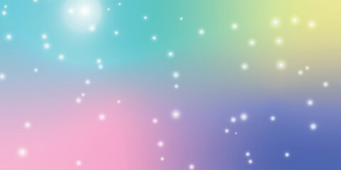 A dreamy pastel rainbow gradient background with sparkling bokeh lights and stars.