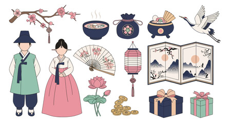 A vibrant collection of traditional Korean cultural elements, including hanbok, cherry blossoms, lotus flowers, food, lanterns, and gifts.