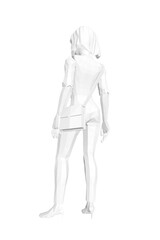 A woman in a white dress carries a polygonal bag against a stark white background. This monochromatic image uses a black and white filter for a modern aesthetic.