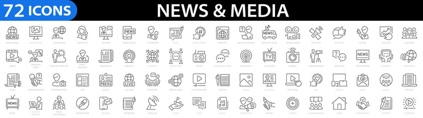 Fototapeta premium Media and news 72 line icon set. Mass media, television, journalism, blogging, social media, video, music, radio, newspaper, magazine, promotion, broadcasting, press, interview and more