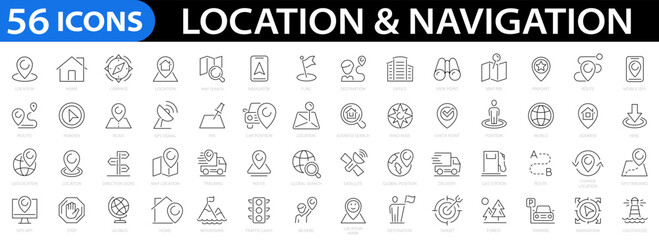 Location 56 line icon set. Geolocation, home, map, map pin, destination, directions, distance, place, navigation, gps, directions, address, tracking and more. Vector illustration