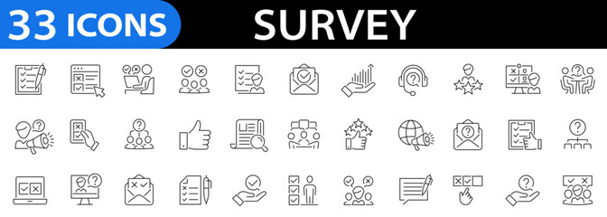 Survey 33 line icon set. Feedback Linear Icons. Opinions, rewiev, feedback, exam, satisfaction, research, review and more. Vector illustration