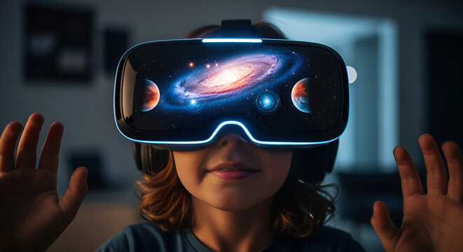 A young child wearing virtual reality headset with galaxy and planets on the screen, exploring the cosmos and experiencing immersive technology in a digital world - Powered by Adobe