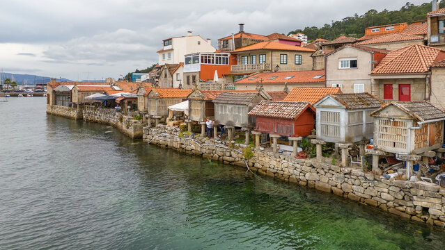 Aerial of Combarro Village with Horreos on Ria de Pontevedra, Galicia