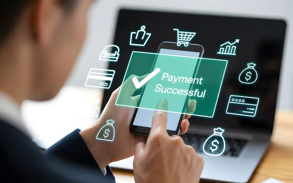 Man using smartphone for successful online payment with digital icons overlay