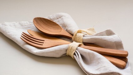 Elegant Wooden Cutlery Set on Soft Linen Napkin for Kitchen and Dining Decor