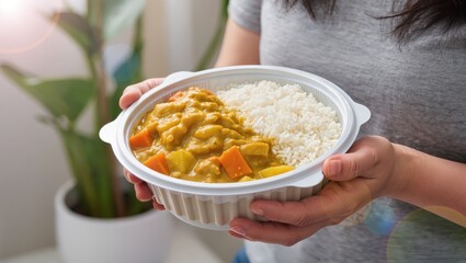 Delicious Homemade Curry and Rice Served in a Plastic Container for Takeaway or Delivery