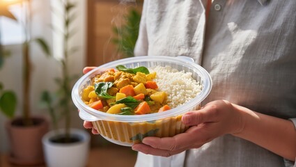 Freshly Prepared Rainbow Vegetable Curry with Rice in Takeout Container Held by Person