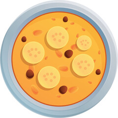 Flat illustration of a bowl of oatmeal with sliced bananas raisins and chocolate chips on a transparent background captured in overhead view