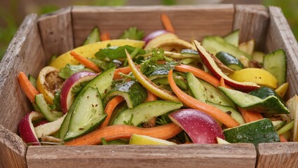 Freshly Cut Vegetable Salad with Colorful Mix of Cucumbers, Apples, Carrots, and Herbs