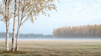 Gentle mist envelops serene landscape with birch trees and golden foliage