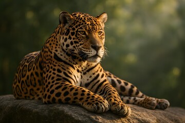 Obraz premium Majestic Male Leopard in Natural Habitat: Close-up of a Curiously Gazing Wild Cat with Spotted Tawny Coat Sitting on Stone in Forest Greenery