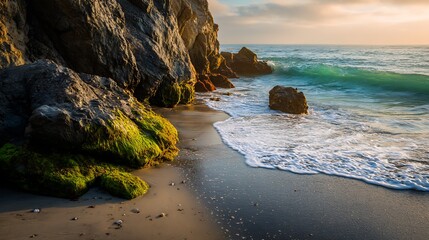 Rocky Shoreline with Turquoise Waves and Sandy Beach