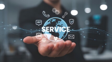 Global service concept with icons and a businessman holding a digital globe