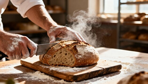 Freshly baked artisan bread being sliced on wooden cutting board in rustic kitchen - Powered by Adobe