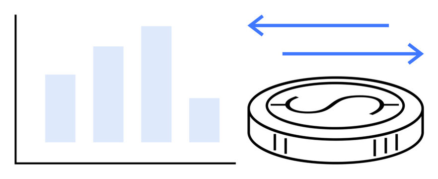Bar chart with increasing columns alongside a coin with bidirectional arrows. Ideal for finance, investment, trade, economy, analysis, profit growth, and data-driven decision-making. Simple flat