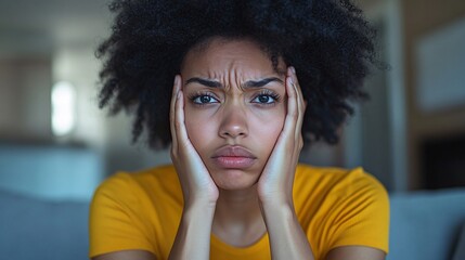 frustrated african american woman with stress and anxiety expression in modern living room