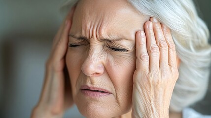 Fototapeta premium elderly woman experiencing headache or migraine, senior woman holding head in pain, age-related discomfort, health warning, wellness concept