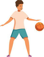 Smiling basketball player dribbling ball, promoting healthy lifestyle and competition