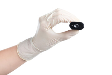Woman with hidden spy camera on white background, closeup