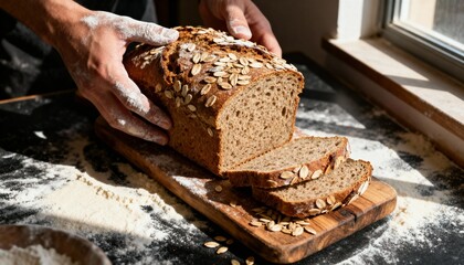Freshly baked whole grain oat bread loaf being sliced on wooden cutting board with hands