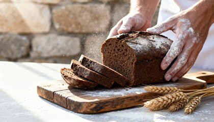 Freshly sliced rustic whole grain bread on wooden cutting board with wheat stalks