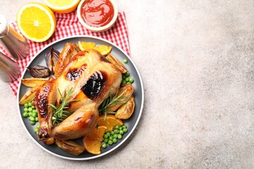 Tasty grilled chicken with rosemary and vegetables on grey table, flat lay. Space for text