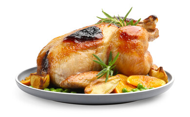 Tasty grilled chicken with rosemary and vegetables isolated on white