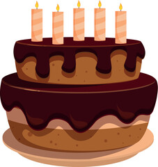 Two tiered chocolate cake with dripping icing and five lit candles, perfect for birthday celebrations and festive events