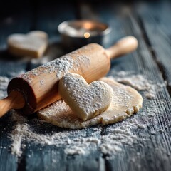 Heart shaped cookies and rolling pin on wooden table