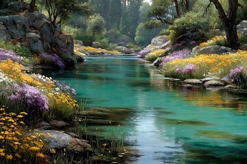 Serene turquoise river flowing through a lush forest with colorful wildflowers