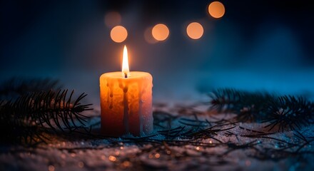 melancholy blue and orange tones, flickering candle flame, textured wax candle, snow and pine needles, cinematic lighting, and fuzzy bokeh background