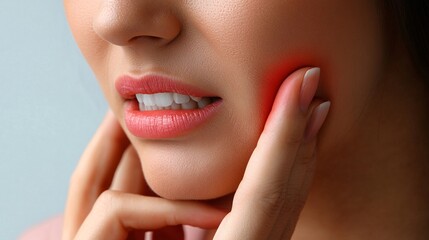 Obraz premium close-up of woman experiencing toothache or dental pain with glowing red area on cheek