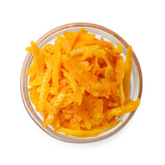 Fresh orange zest in bowl isolated on white, top view
